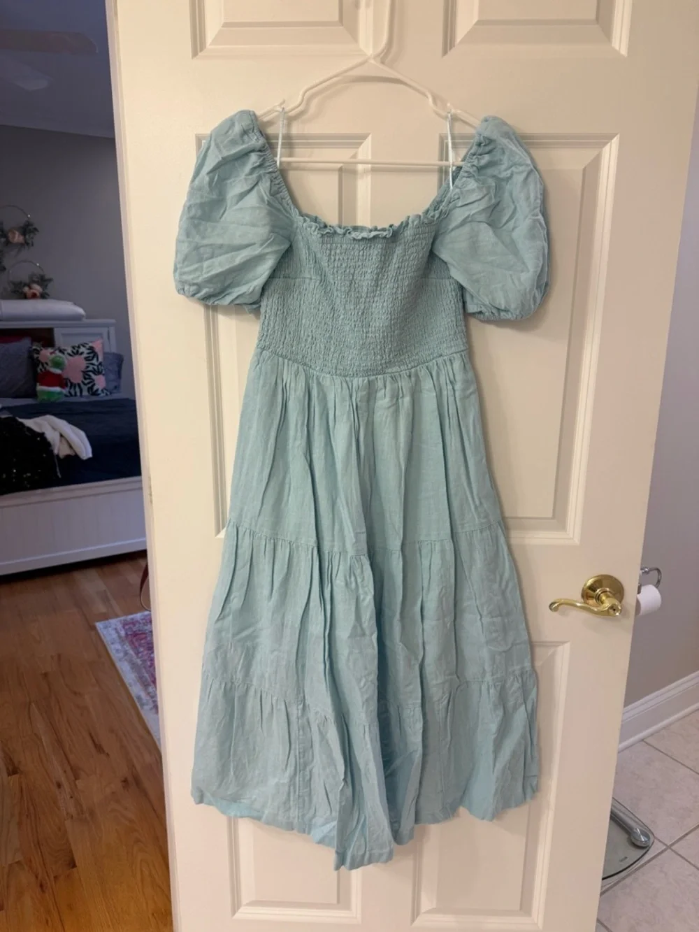 Abercrombie Smocked Bodice Linen-Blend Midi Dress Blue - Picture 3 of 5